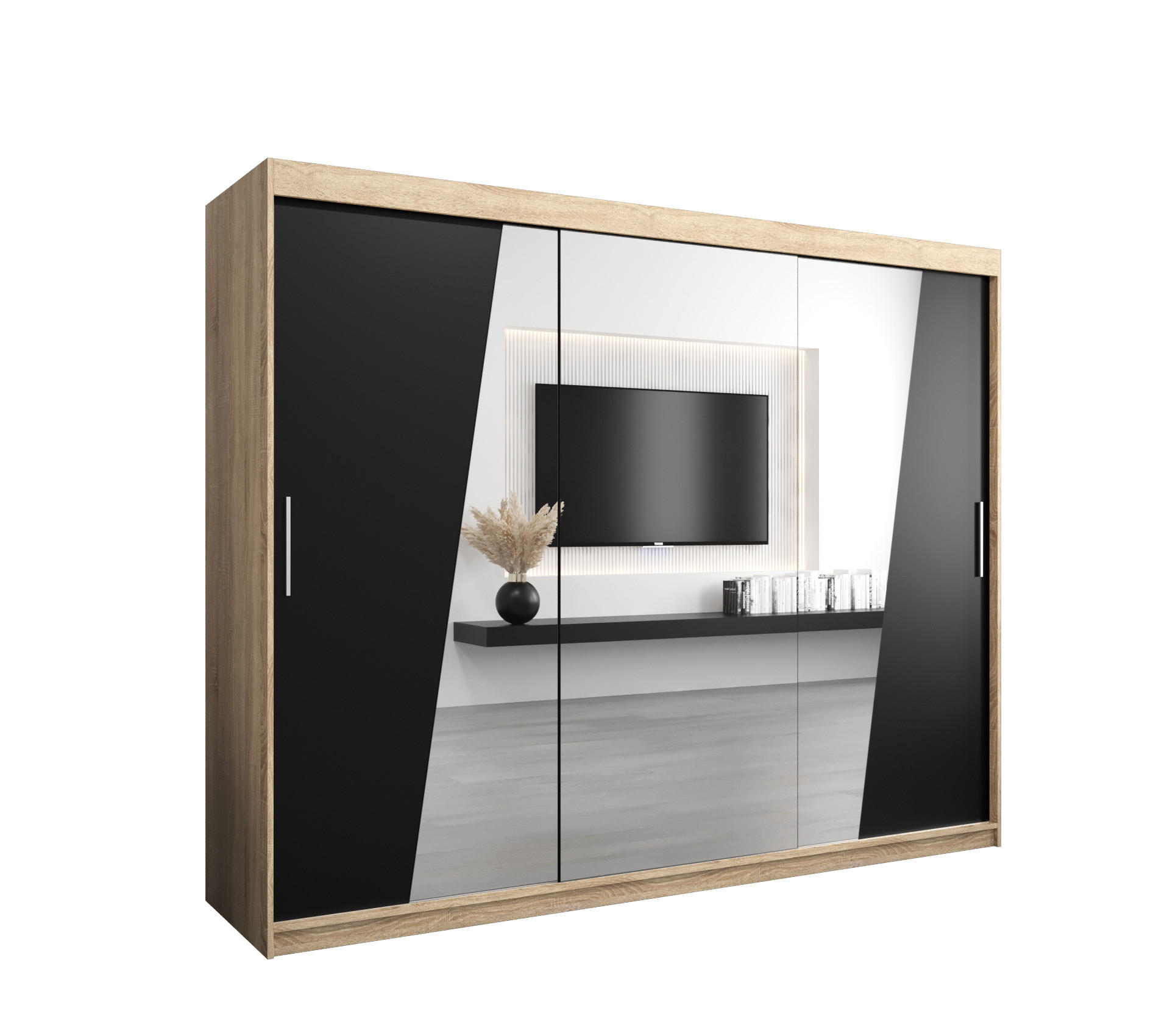 Abiks Möbel Schwebetürenschrank Sonoma Eiche, Schwarz 250x200x62 cm