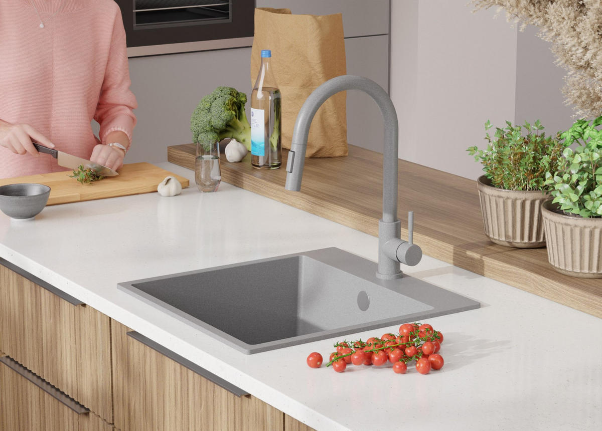 SPÜLBECKEN Riga, 2-er set Grau 48/50 cm 1 Becken + Ablauf-Set ab 50er Unterschrank - Chromfarben/Grau, Kunststoff (48/20/50cm) - Primagran