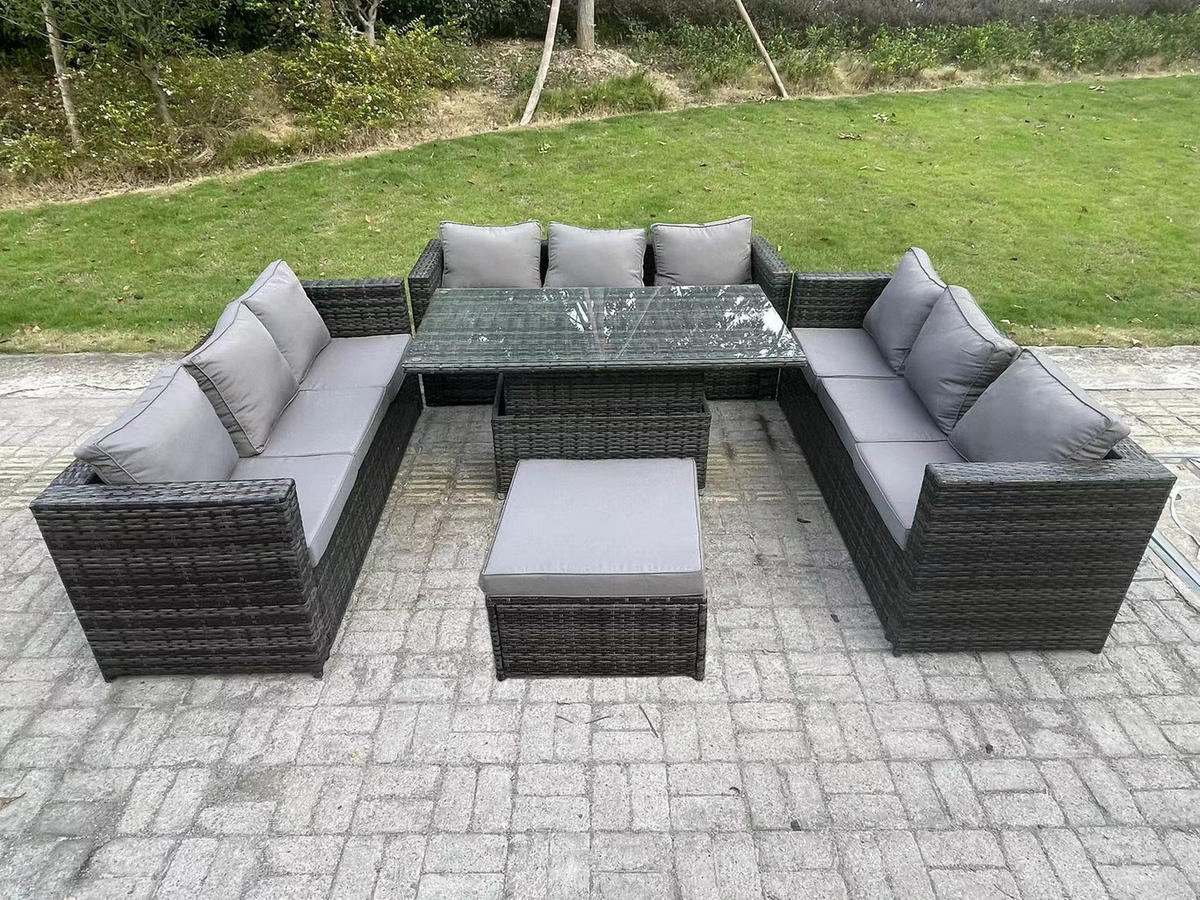 GARTENMÖBEL HÖHENVERSTELLBARER ESSTISCH SET Polyrattan Outdoor 10-Sitzer - Dunkelgrau/Grau, Glas/Kunststoff - Fimous