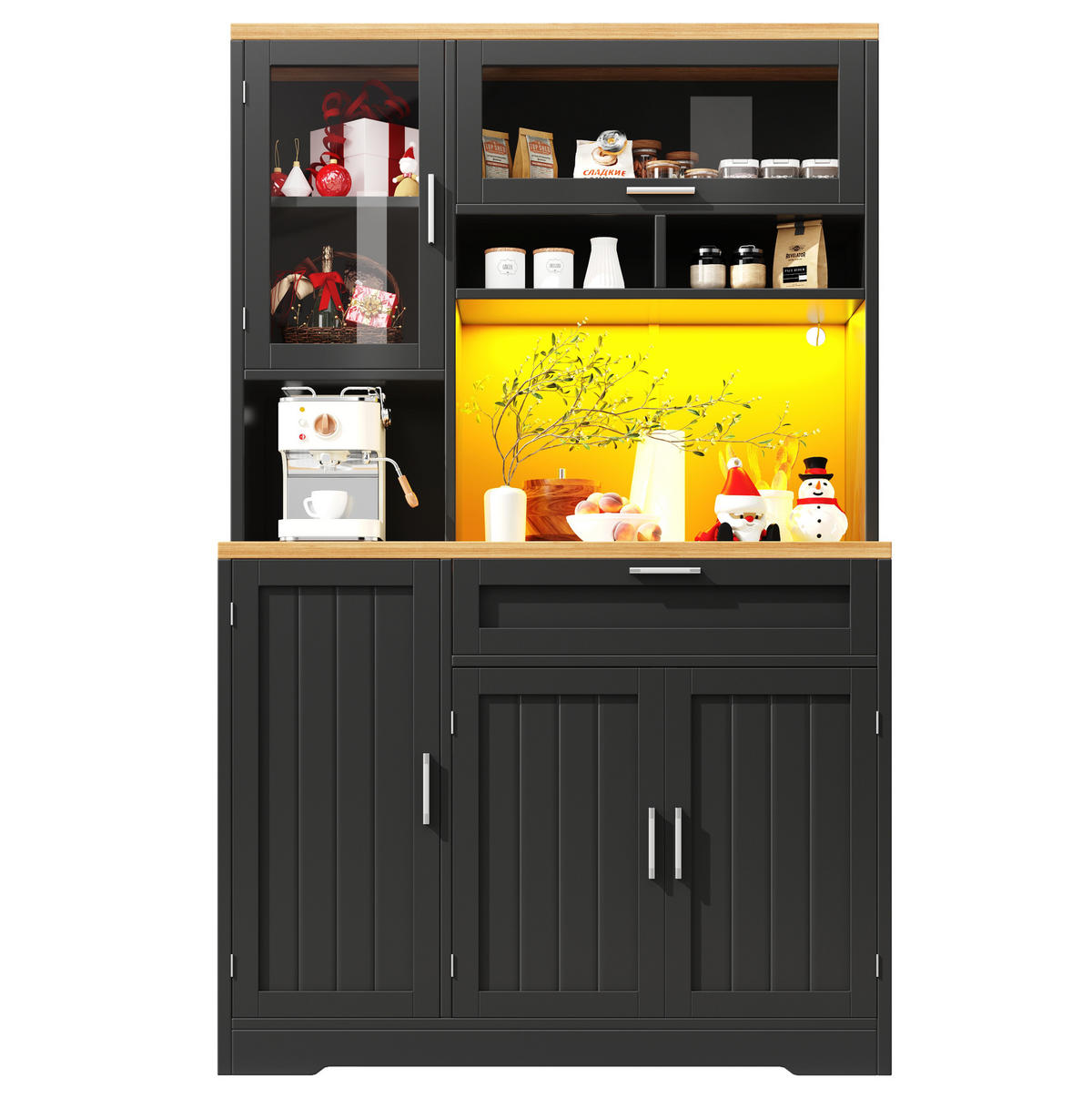 BUFFET 104/40/180 cm in Schwarz mit LED-Beleuchtung und Glastüren - Schwarz, Holzwerkstoff (104/180/40cm) - Flora Grace