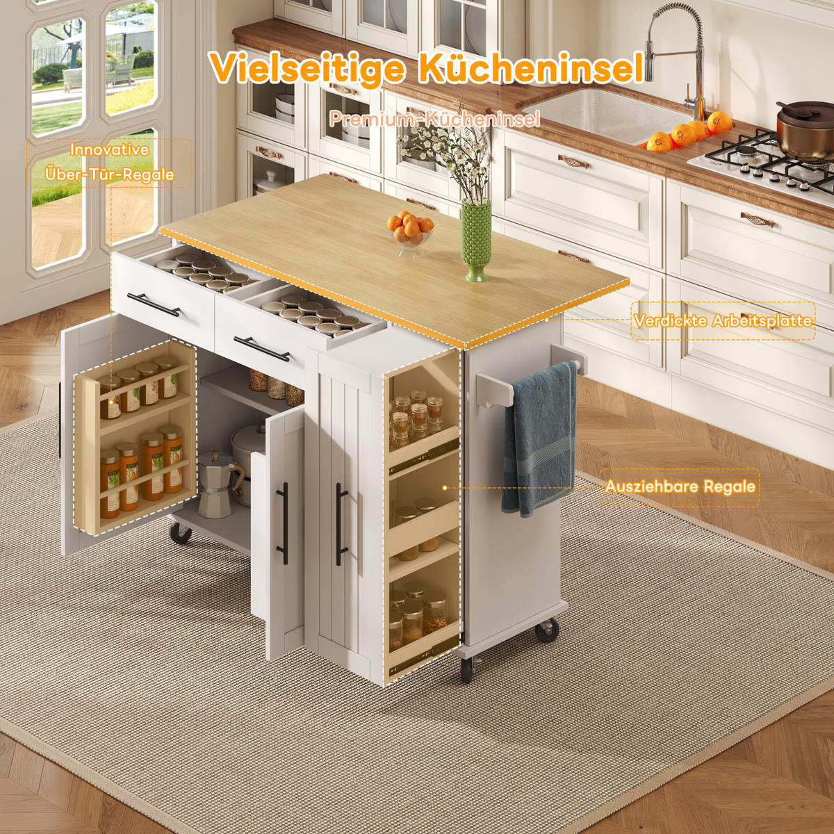 MOBILER Kücheninselwagen 120x65x90cm Weiß mit Auszug, Klappplatte & 5 Rollen - Weiß, Holzwerkstoff (120/90/65cm) - Modfu