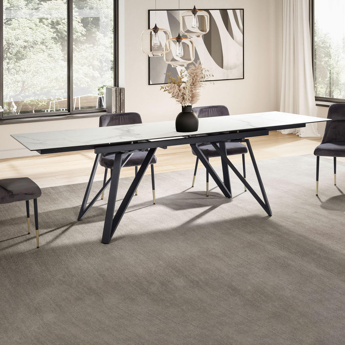 ESSTISCH Ausziehbar Keramik Glas Marmoroptik Rechteckig Groß, Weiß 180x95x76 cm - Schwarz/Weiß, Keramik/Metall (95/180/76cm) - KADIMA DESIGN