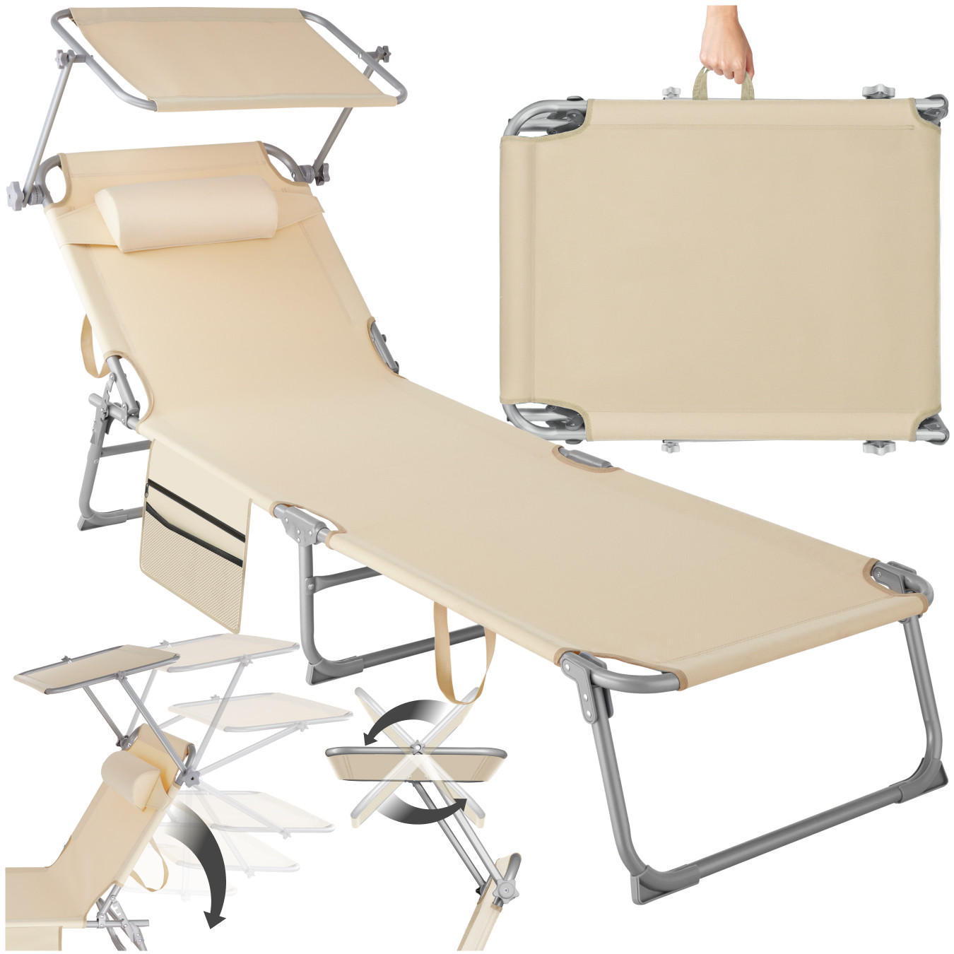 SONNENLIEGE Chloé,190 x 68 x 28 cm, mit Seitentasche,beige - Beige, Kunststoff (68/111/161cm) - tectake