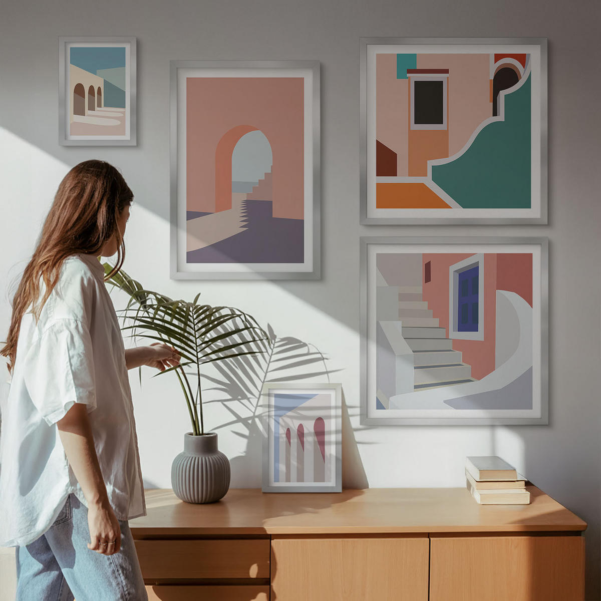 WANDBILDER 5er Set - 50x50 cm & 20x30 cm & 40x60 cm Silberner Rahmen - Minimalistische Pastellgrafiken - Silberfarben, Kunststoff (40/60cm) - ArtPrintCave