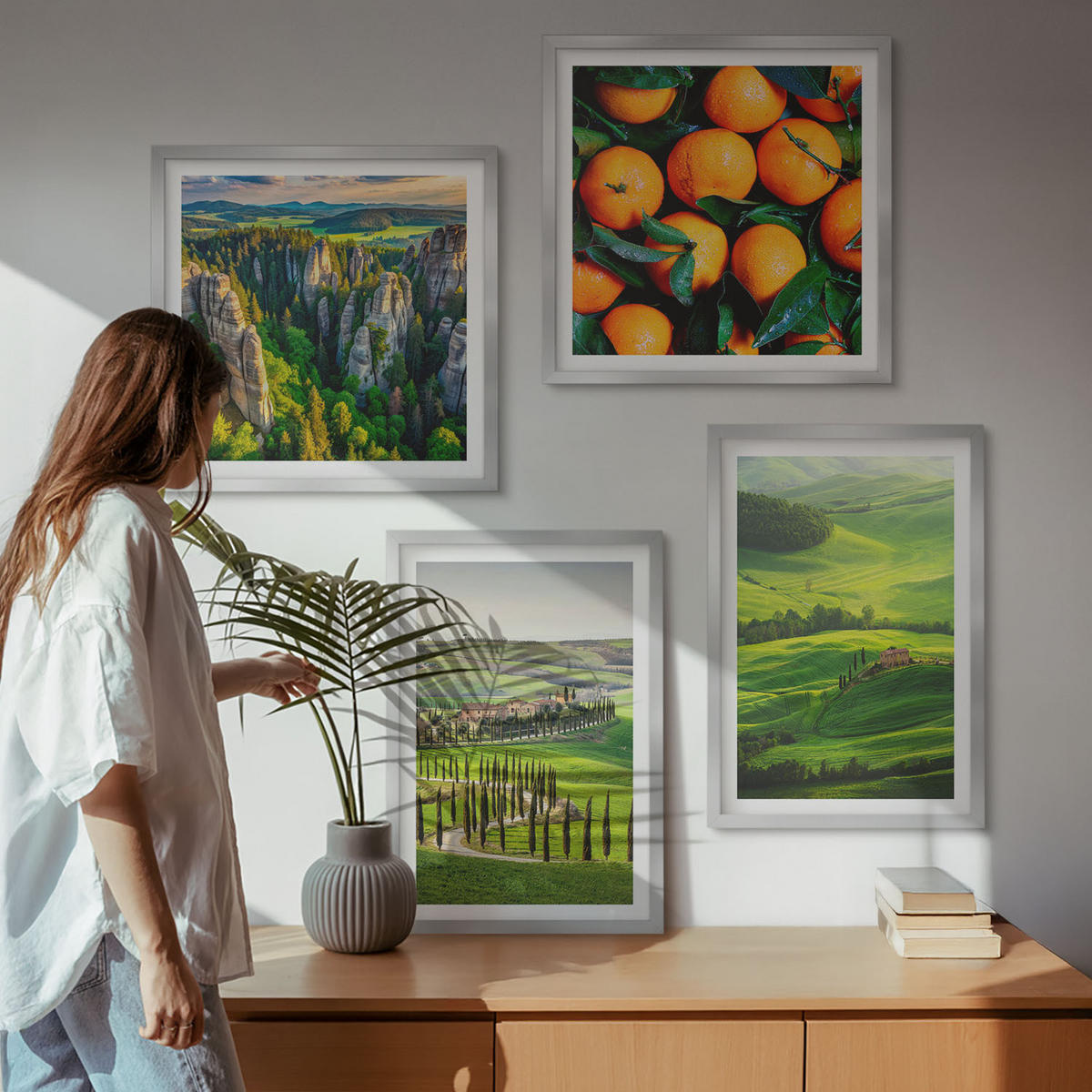 BILDER SET 4er Set - 50x50 cm & 40x60 cm Silberner Rahmen - Italienische Landschaft Orangen Natur - Silberfarben, Kunststoff (50/50cm) - TULUP