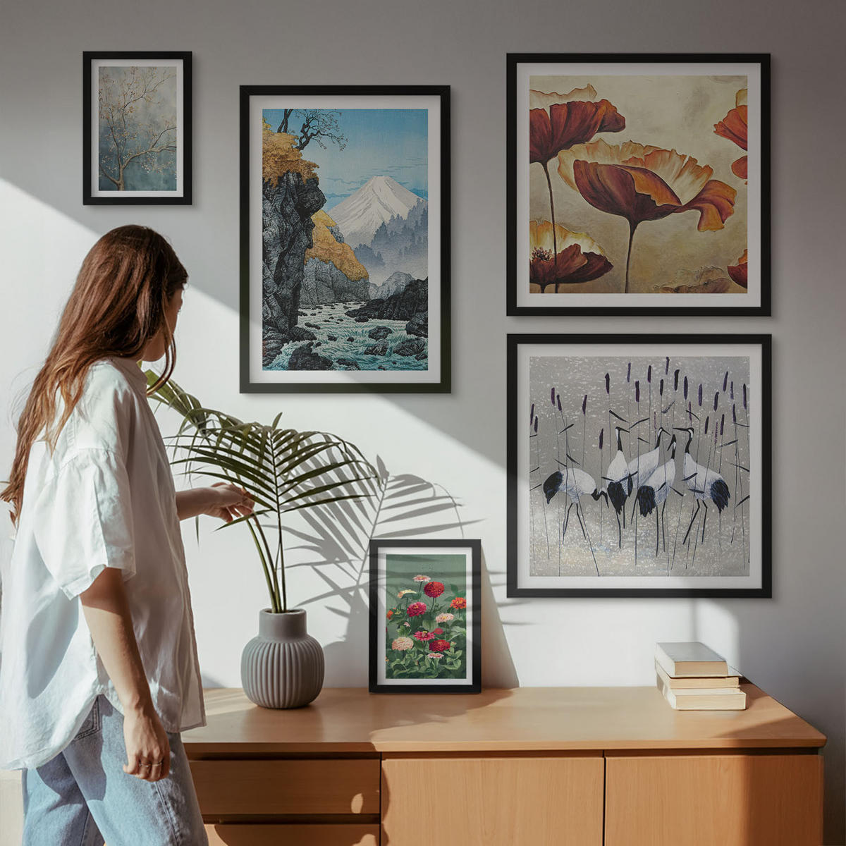 WANDBILDER 5er-Set - 50x50 cm & 20x30 cm & 40x60 cm Schwarzer Rahmen - Tropische Pflanzen, Pflanzenliebhaberin - Schwarz, Kunststoff (40/60cm) - ArtPrintCave