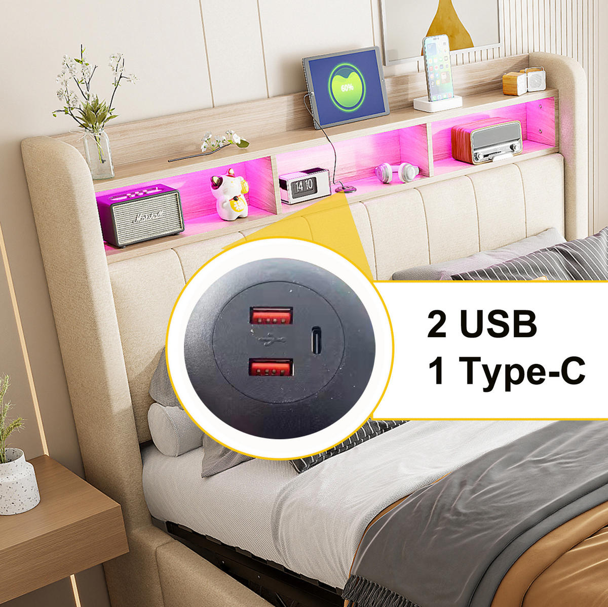 ČALOUNĚNÁ postel 180/200 cm béžová z lněné tkaniny s LED osvětlením, USB a úložným prostorem - béžová, textil (180/200cm) - OKWISH
