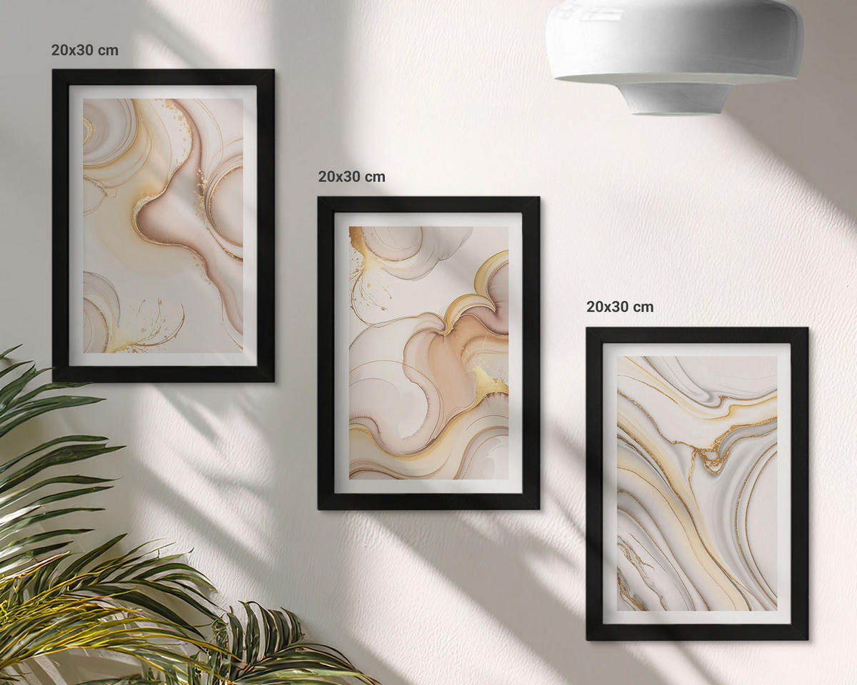BILDER SET 3er Set - 20x30 cm Schwarzer Rahmen - Lineare abstrakte Motive - Schwarz, Kunststoff (20/30cm) - TULUP