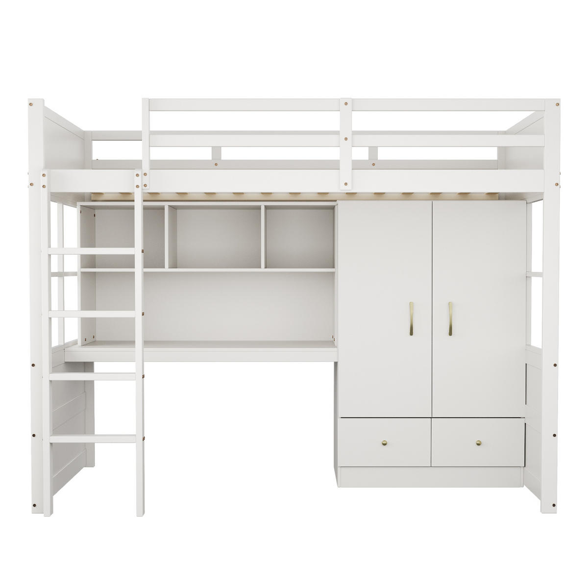 HOCHBETT 90/200 cm in Weiß mit Leiter, Schreibtisch, Kleiderschrank und Schubladen - Weiß, Holz/Holzwerkstoff (90/200cm) - STILVORA