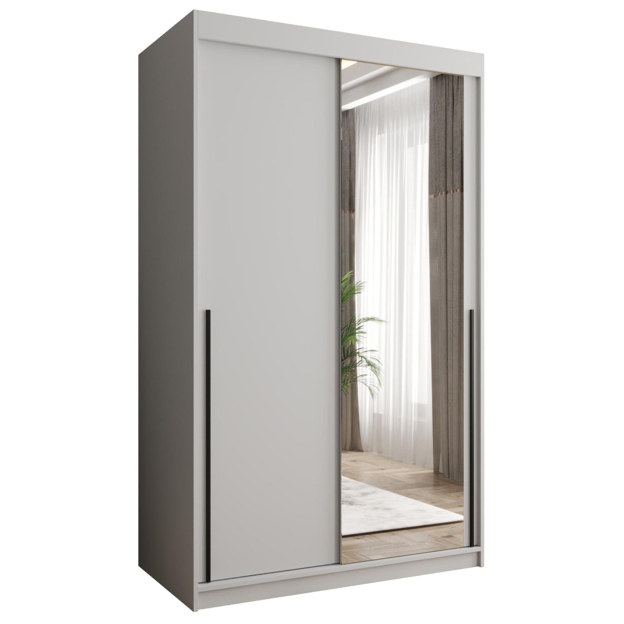 SCHIEBETÜRENSCHRANK mit Spiegel 120 cm Breite, weiß mit schwarzem Griff - Schwarz/Weiß, Holzwerkstoff (250/200/62cm) - Home Collective