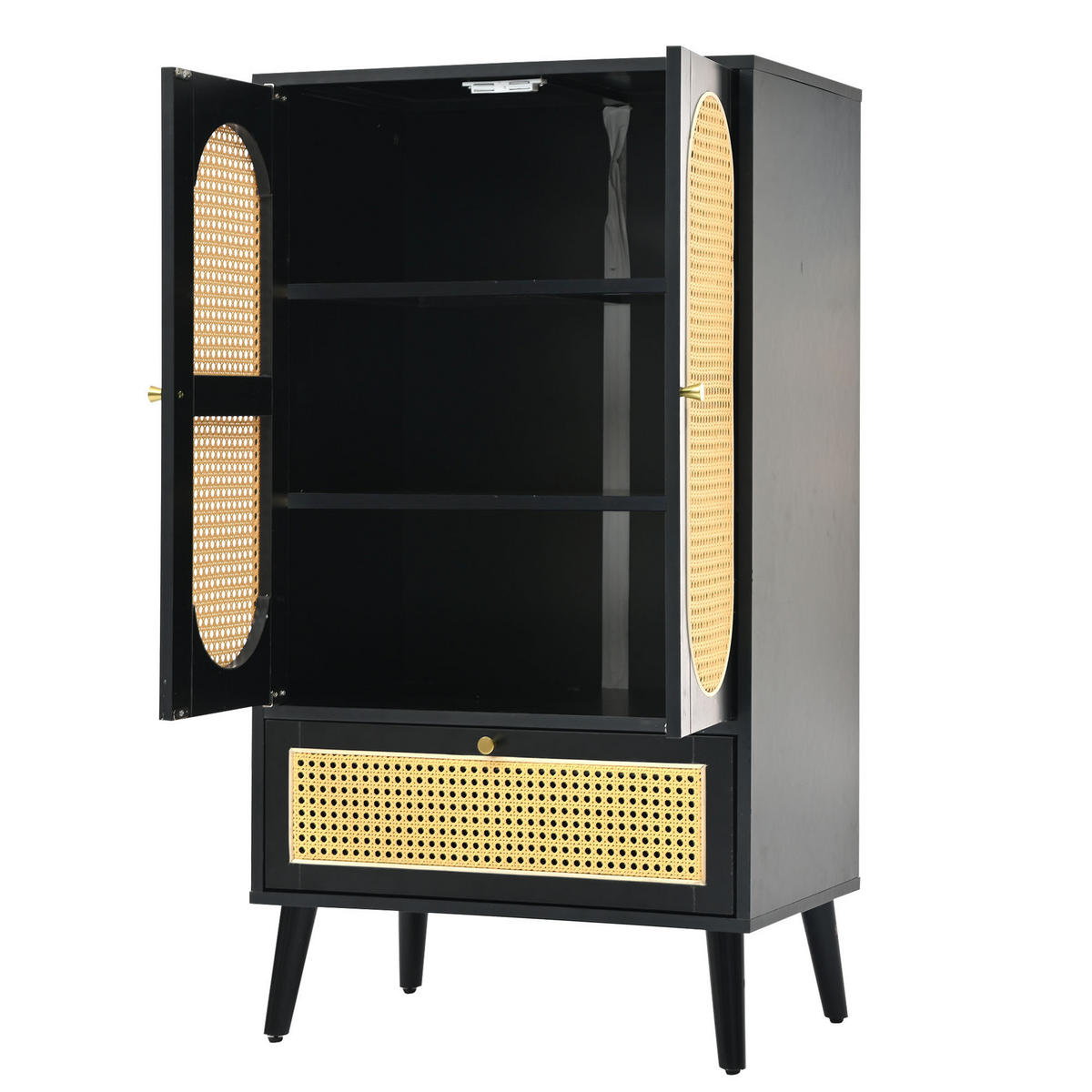 BEISTELLSCHRANK schwarz mit Rattanfront aus Spanplatte 60 × 40 × 110,5 cm - Schwarz, Holzwerkstoff (60/110.5/40cm) - Luhomfu
