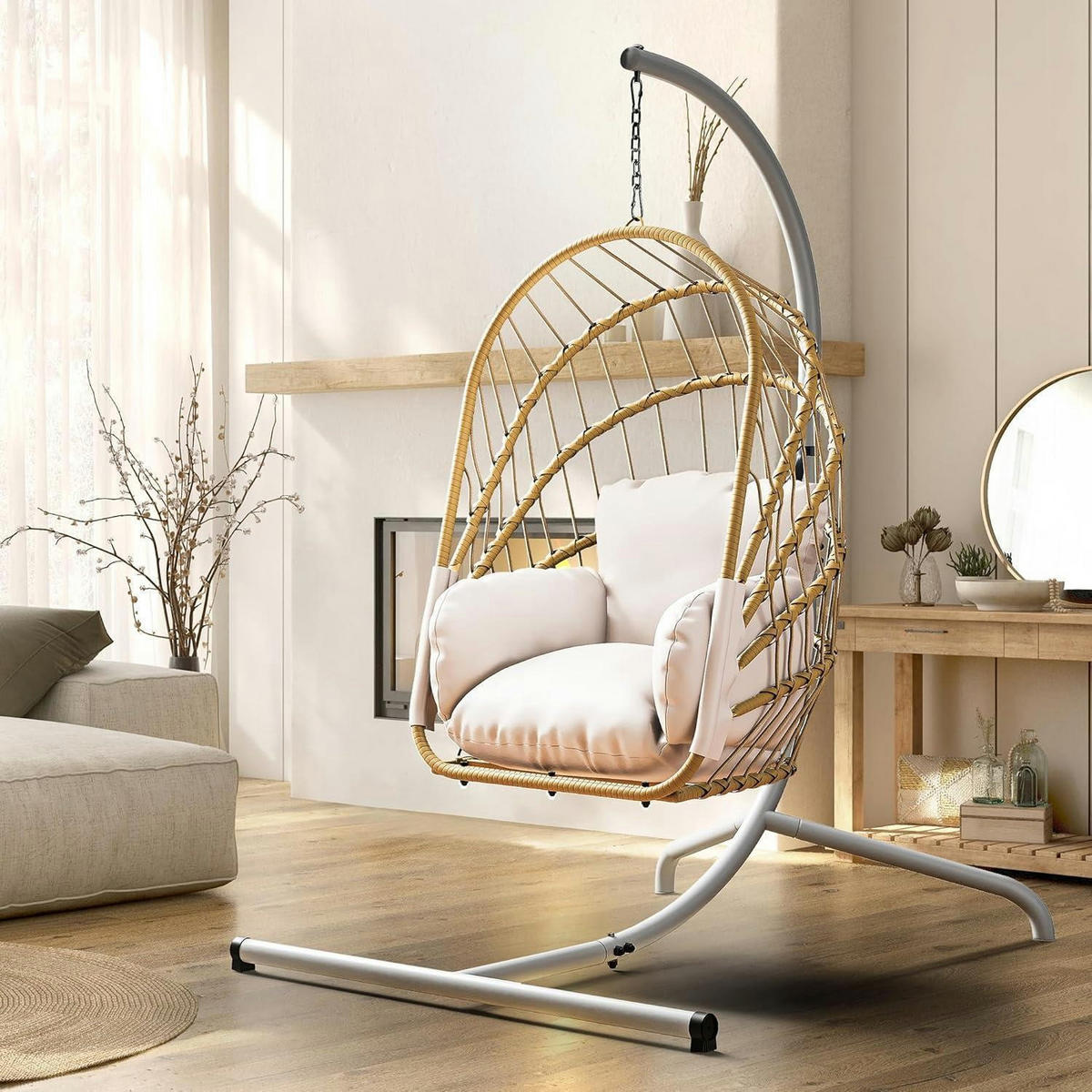 HÄNGESESSEL mit Ständer Beige Rattan-Korb 160 kg Tragfähigkeit - Beige, Naturmaterialien (117.5/194/121cm)