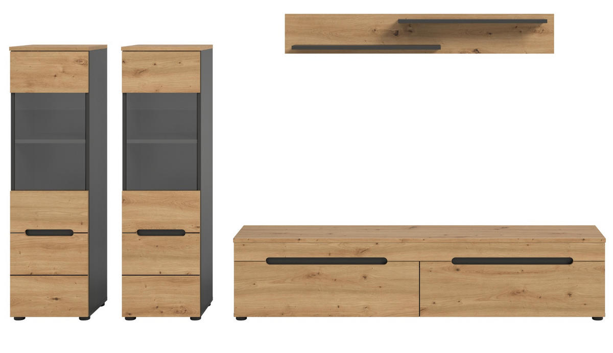 WOHNWAND Artisan Eiche, grau, Set 4-teilig 270 cm hängend oder stehend, Soft-Close, Cooper - Schwarz/Eiche Artisan, Glas/Holzwerkstoff (272/141/33cm)