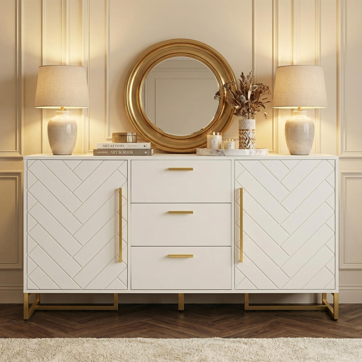SIDEBOARD in Weiß & Gold mit 2 Türen & 3 Schubladen - Weiß, Holzwerkstoff (145/75/40cm) - Urban Meuble
