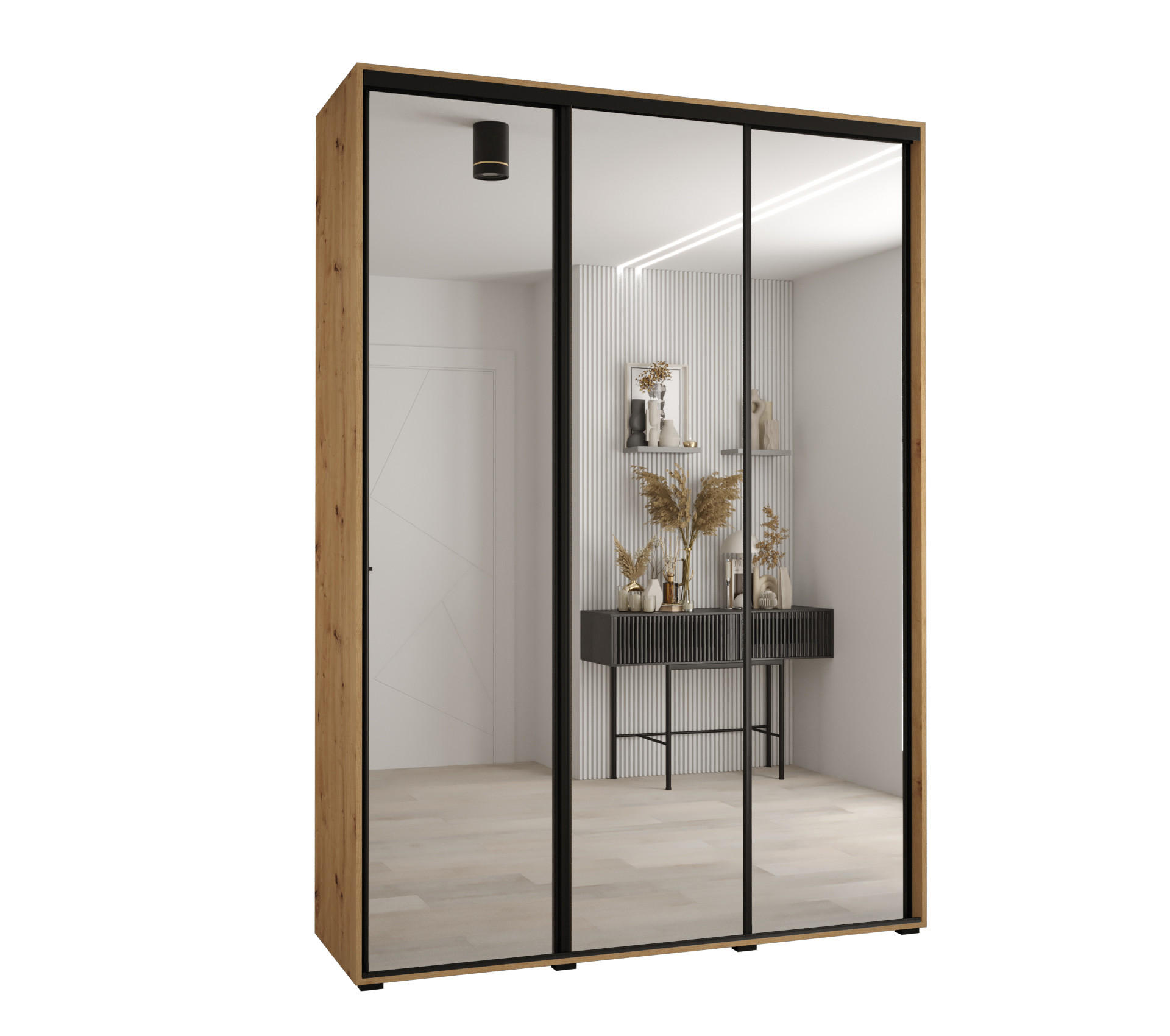 Abiks Möbel Schwebetürenschrank Eiche Artisan, Eiche Artisan, Schwarz 180x235x60 cm