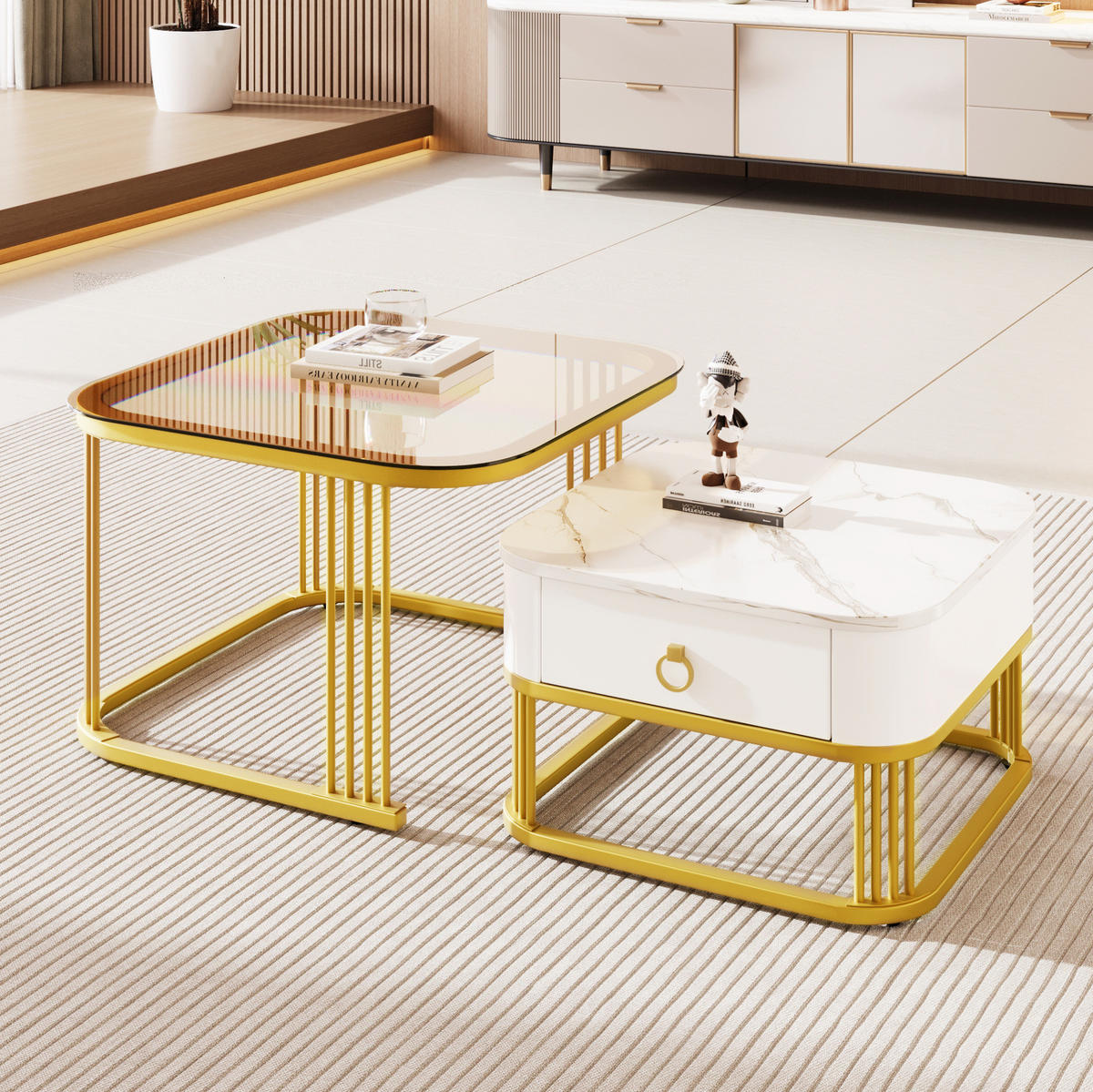 COUCHTISCH-SET, MDF Hochglanz-Marmoroptik, Goldakzente, mit Schublade, 60/60/42,5 + 50/50/34 cm, Weiß und Gold und Teebraun - Braun, Holzwerkstoff (60/60/42.5cm) - Redom