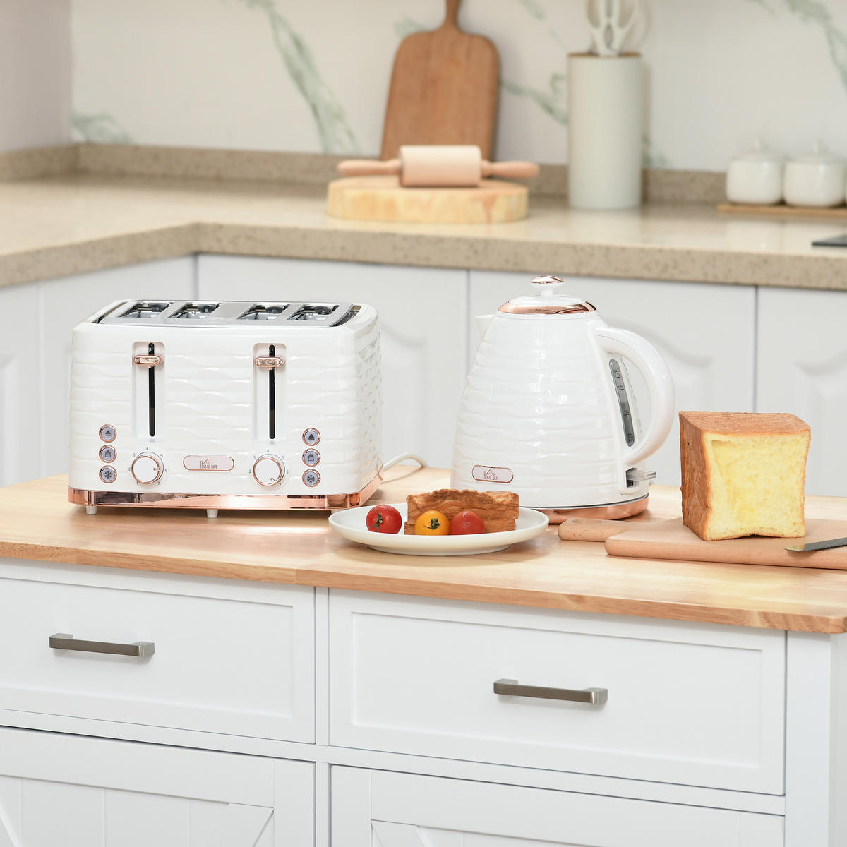 WASSERKOCHER-TOASTER-SET mit 1,7 L Wasserkocher 4 Scheiben-Toaster Cremeweiß - Creme, Kunststoff (19.5/23.2/24.1cm) - HOMCOM