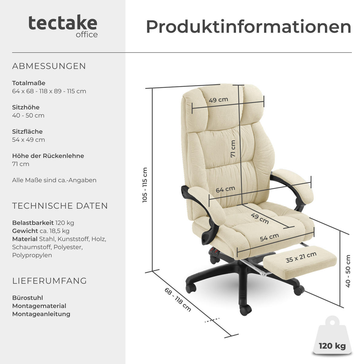 BÜROSTUHL Jillien,Belastbarkeit 120 kg,beige - Beige, Kunststoff (64/115/118cm) - tectake