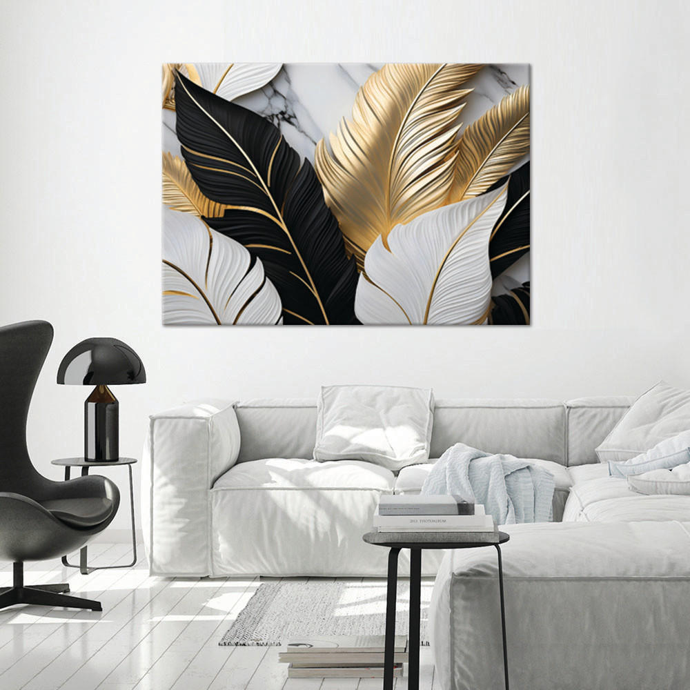 WANDBILD goldene blätter schwarz und weiß auf marmorhintergrund - Weiß, Textil (60/40cm) - Feeby