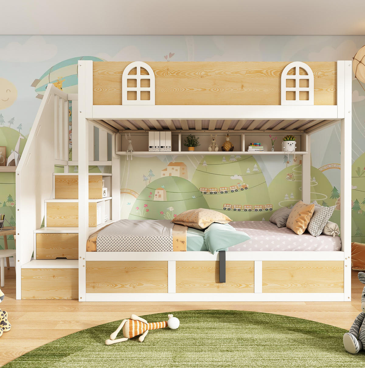 ETAGENBETT aus Holz und Metall 90x200 cm Weiß/Natur mit Treppenschrank, Bettkasten und Sicherheitsgeländer - Naturfarben, Holzwerkstoff (90/200cm) - Modfu