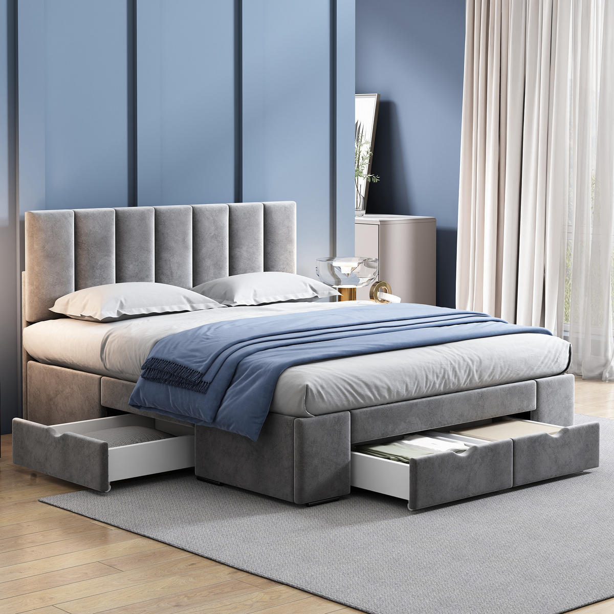 POLSTERBETT 140/200 cm Grau mit Lattenrost und 4 Schubladen - Grau, Textil (140/200cm) - OKWISH