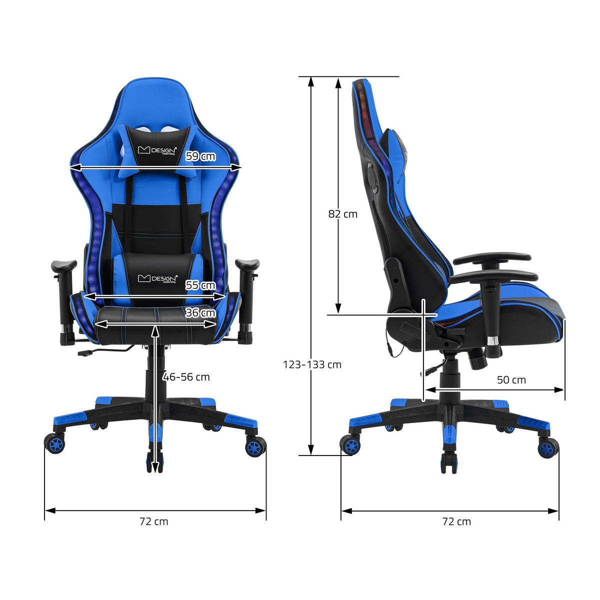 GAMING-STUHL Schwarz-Blau - Blau, Metall (68/132/66cm) - ML-DESIGN