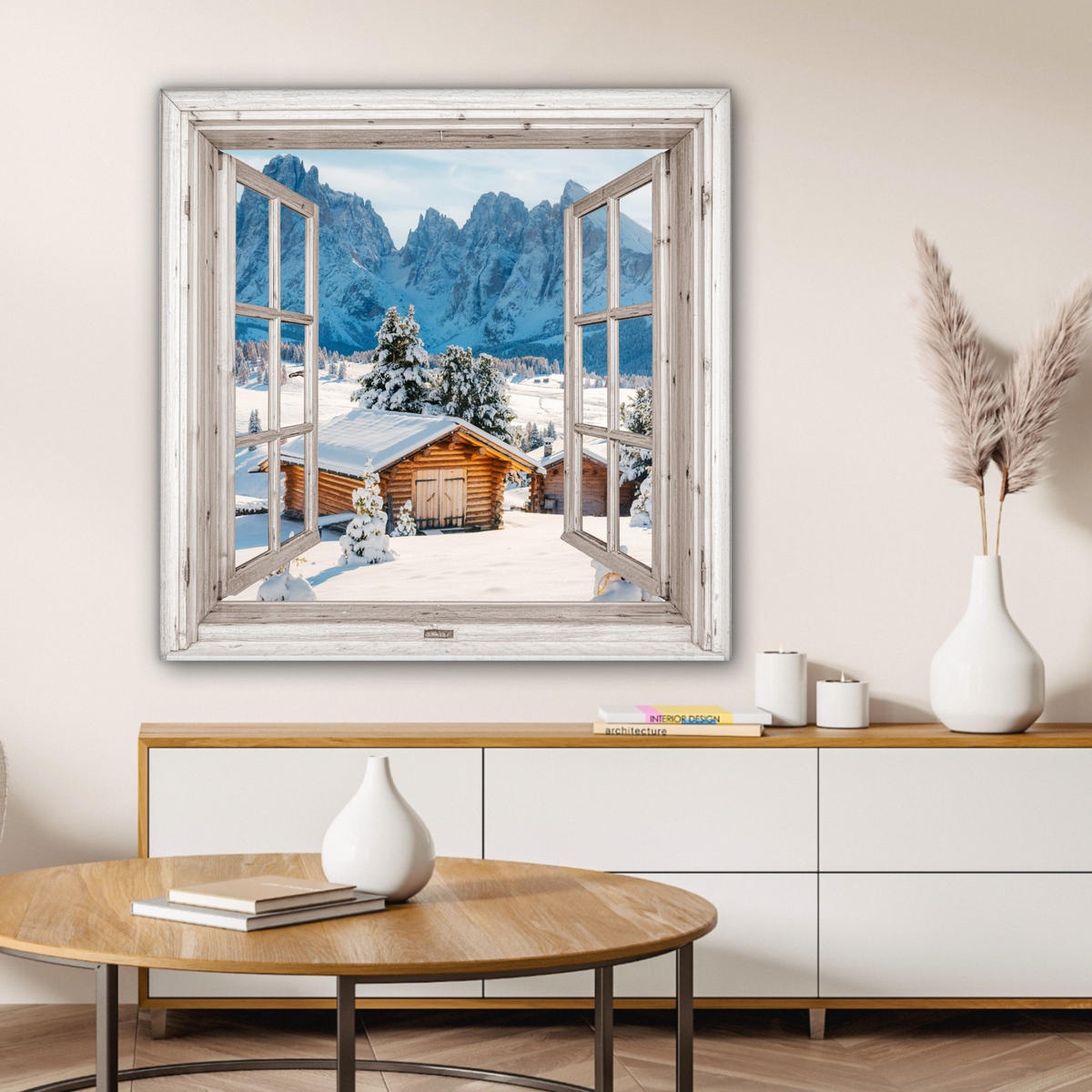 LEINWANDBILD Winterlandschaft - Hütte - Berge - Ausblicke - Aussicht - Natur 90x90 cm - Weiß Hochglanz, Textil (90/90cm) - MuchoWow