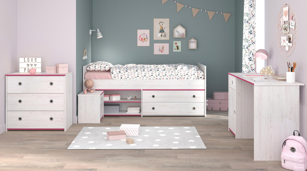 KINDERZIMMER Set Schreibtisch Kommode Nachttisch Bett 90x200 cm - Blau/Silberfarben, Holzwerkstoff/Kunststoff (95/80/203cm) - Parisot Meuble