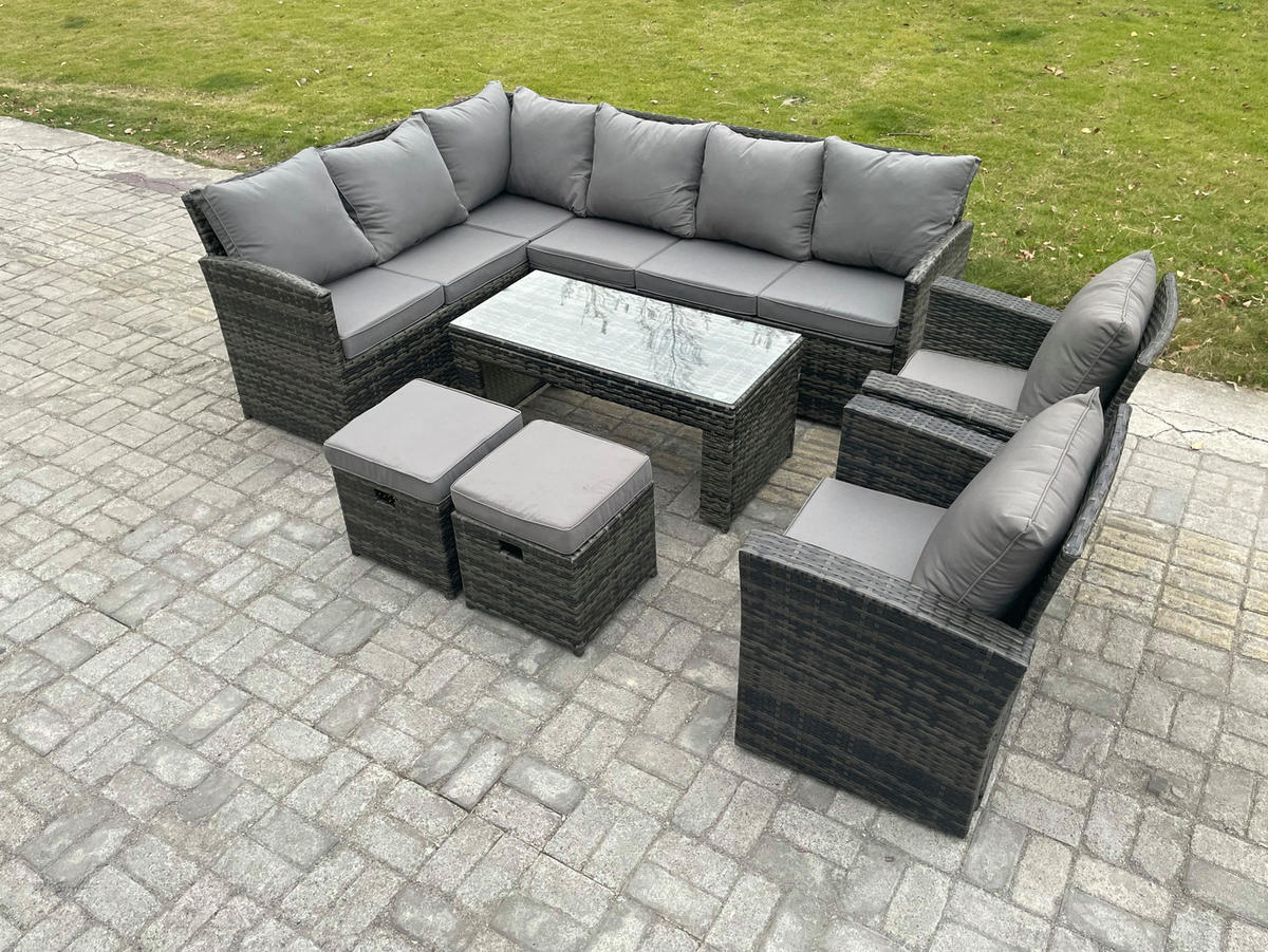 SITZGRUPPE mit Ecksofa,Länglicher,Couchtisch ,2 Hockern, Sessel Polyrattan 10-Sitzer - Dunkelgrau/Grau, Glas/Kunststoff - Fimous