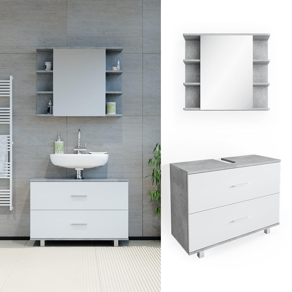 BADMÖBEL-SET Ilias Beton/Weiß 2 Teile, Unterschrank 80 cm - Weiß/Grau, Holzwerkstoff (80.2/60.8/33cm) - Vicco