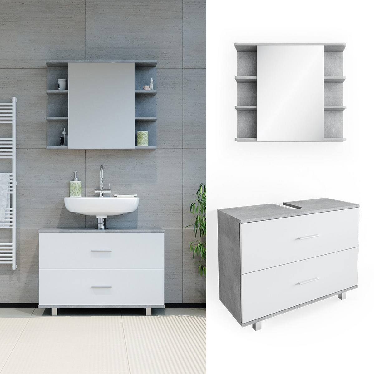 BADMÖBEL-SET Ilias Beton/Weiß 2 Teile, Unterschrank 80 cm - Weiß/Grau, Holzwerkstoff (80.2/60.8/33cm) - Vicco