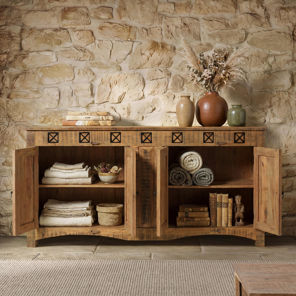 SIDEBOARD Akazie 178x42x88 natur versiegelt NATURE OF SPIRIT #240 - Naturfarben, Holz (178/88/42cm) - Massivmoebel24