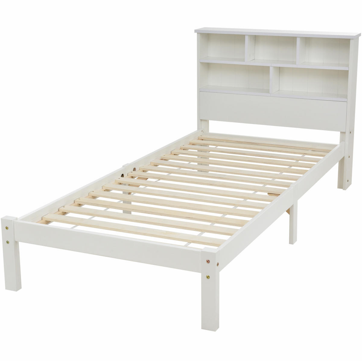 BETT 90/200 cm Weiß aus Massivholz mit Schubladen und Bücherregal-Kopfteil - Weiß, Holz (90/200cm) - Flora Grace