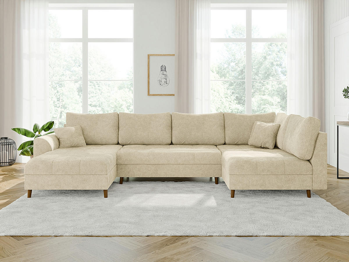 WOHNLANDSCHAFT inkl. Hocker Sigurd Beige Chenille - Beige/Braun, Holz/Textil (310/81/161cm) - S-Style Möbel