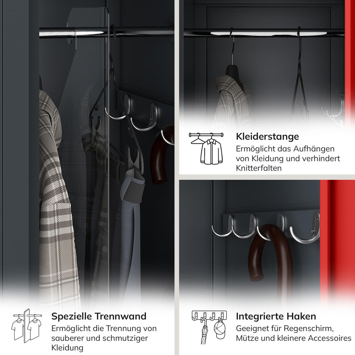 ZWEIFACH-PERSONALSCHRANK KACPER II 180x60x50 cm - Anthrazit/Rot, Metall (60/180/50cm) - Jan Nowak