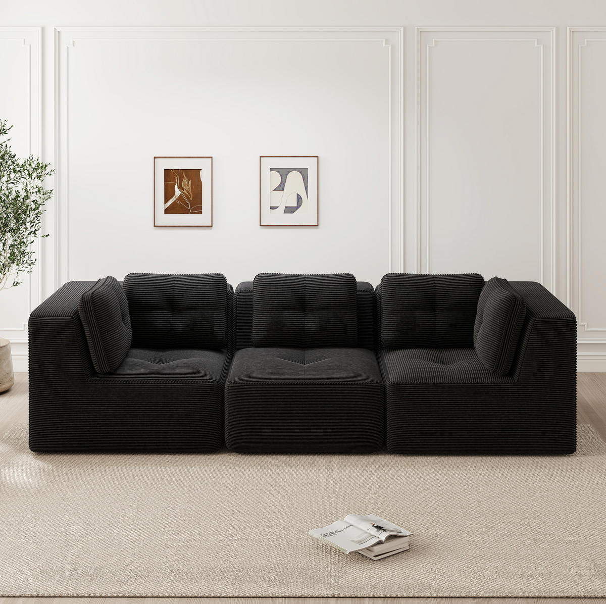 ECKSOFA 297/104/69 cm schwarz aus Cord mit modularem Design und ohne Montage - Schwarz, Textil (104/297cm) - OKWISH