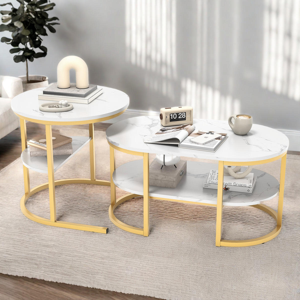 COUCHTISCH 2er Set, Marmor-Optik, Metallrahmen, Golden - Goldfarben, Holz (112/58/10cm)