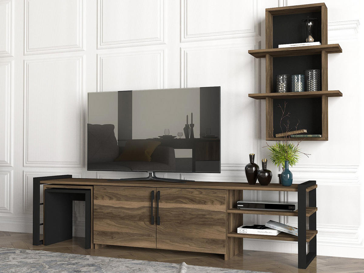WOHNWAND Epica Metallfüße Walnuss Schwarz mit 2 Integrierten Beistelltischen - Walnussfarben/Schwarz, Holzwerkstoff/Metall (180/46/39cm) - moebel17