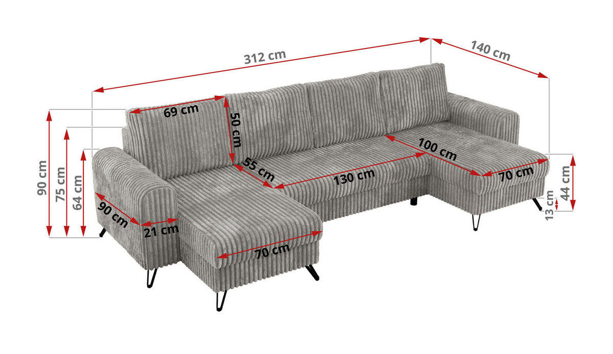 WOHNLANDSCHAFT AXEL U Cord Hellgrau - Hellgrau/Schwarz, Textil/Metall (312/90/140cm) - MKS