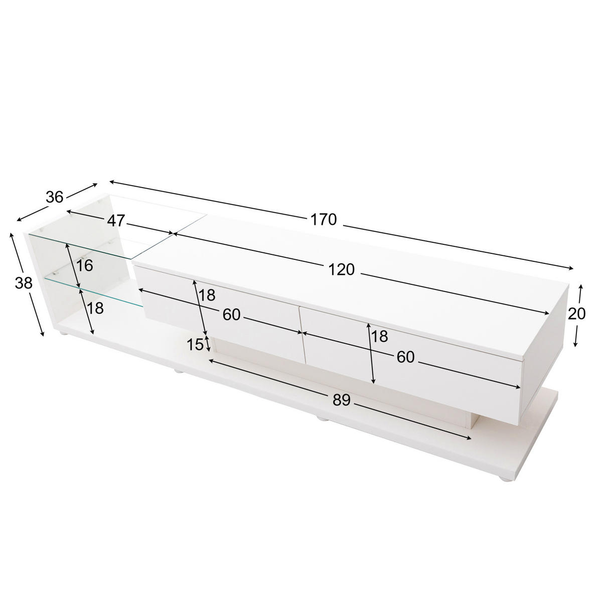 LOWBOARD 170/36/38 cm in Weiß Hochglanz mit LED-Beleuchtung und 2 Schubladen - Weiß, Holzwerkstoff (170/38/36cm) - Flora Grace
