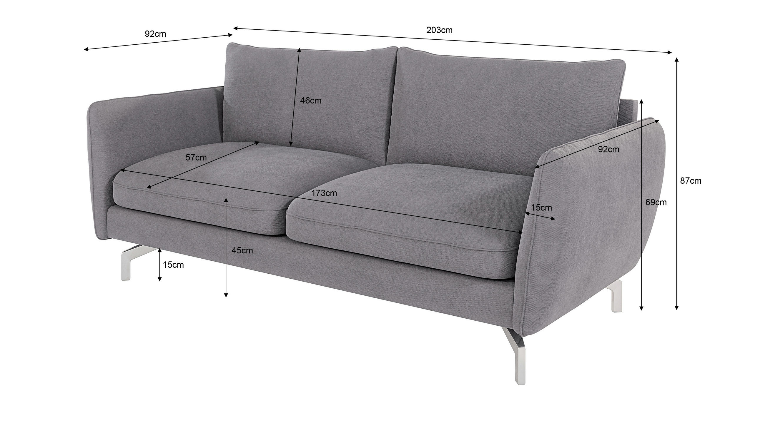 Thumbnail - S-Style Möbel 3-Sitzer-Sofa, Grau, Holz, Echtholz,Buche, Birke, Füllung: Silikon,Schaumstoff, 203x87x92 cm, Blauer Engel...
