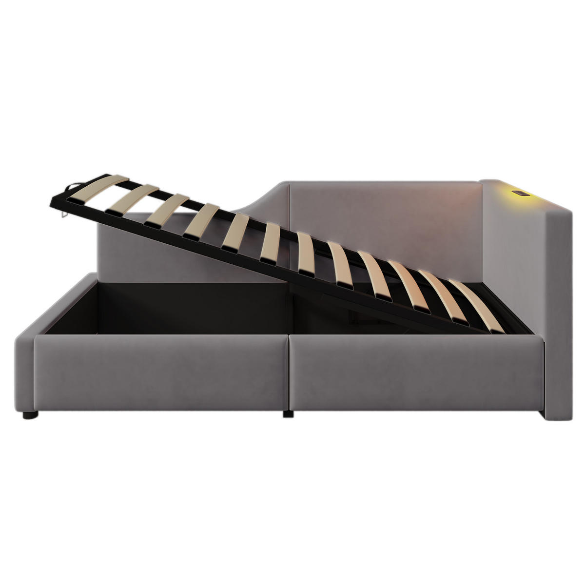 TAGESBETT 90/190 cm Grau mit hydraulischem Stauraum und USB-C-Ladefunktion - Grau, Textil (90/190cm) - OKWISH