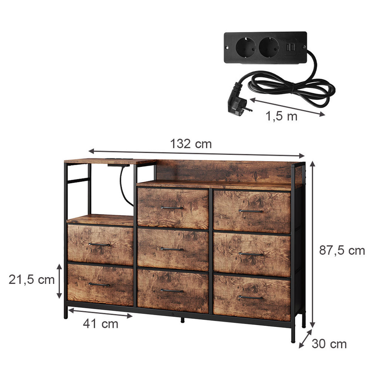 SIDEBOARD Brian Eiche rustikal 132 x 30 cm mit 8 Schubladen und USB - Eichefarben/Schwarz, Holzwerkstoff (88/30/132cm) - Vicco