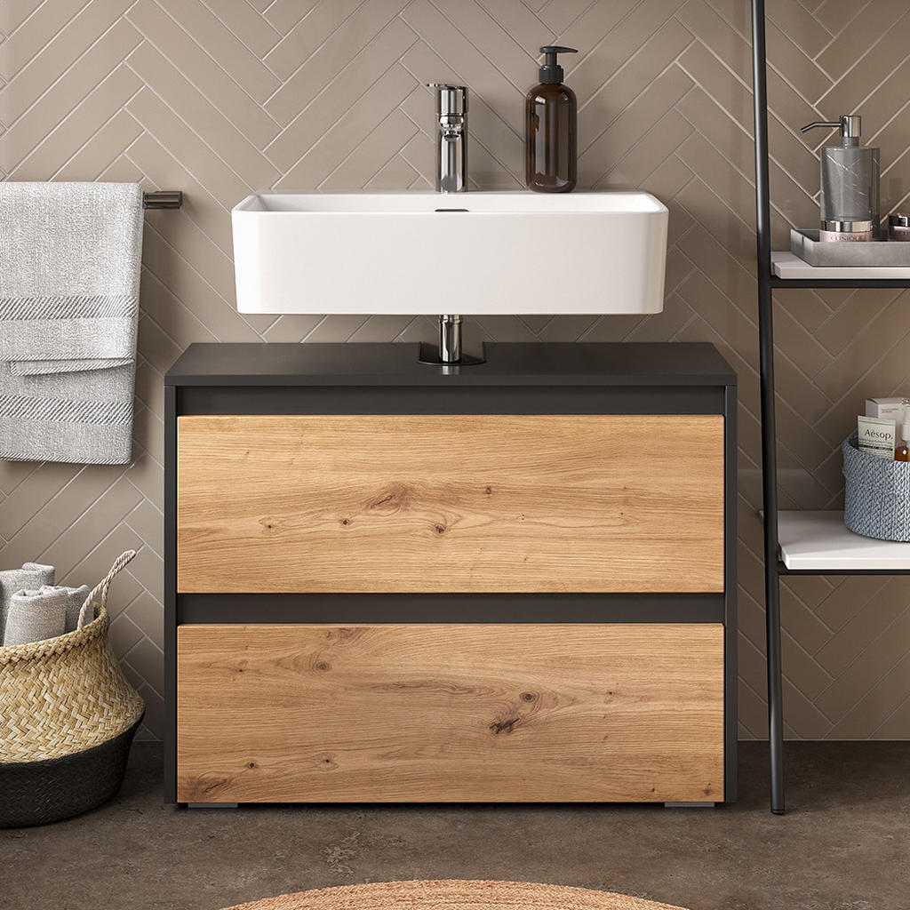 Thumbnail - Vicco Waschbeckenunterschrank, Hellgrau, Anthrazit, Holzwerkstoff, 2 Schubladen, Rechteckig, 80.1x62x30.1 cm, Badezimmer...