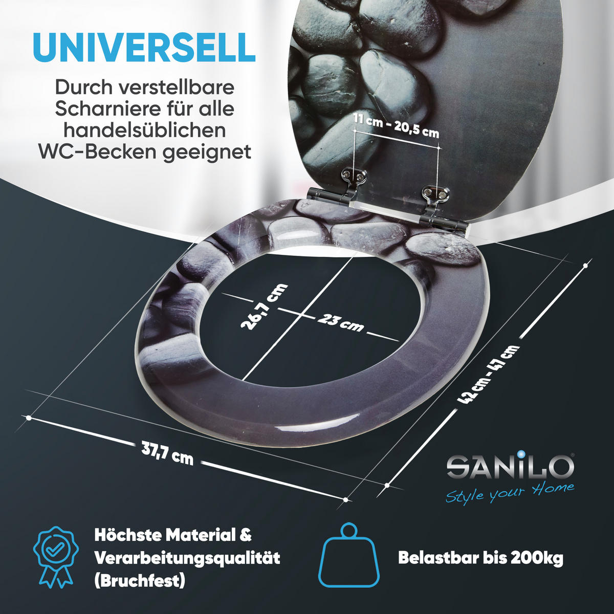 WC-SITZ mit Absenkautomatik Hot Stones - Schwarz, Holzwerkstoff (38/6/47cm) - Sanilo