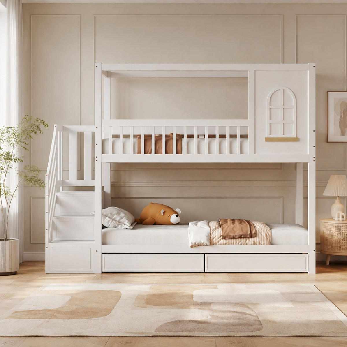 ETAGENBETT 90/200 mit Hausform, Stauraumschubladen und Sicherheitsleiter in Weiß - Weiß, Holzwerkstoff (90/200cm) - EVRYAE
