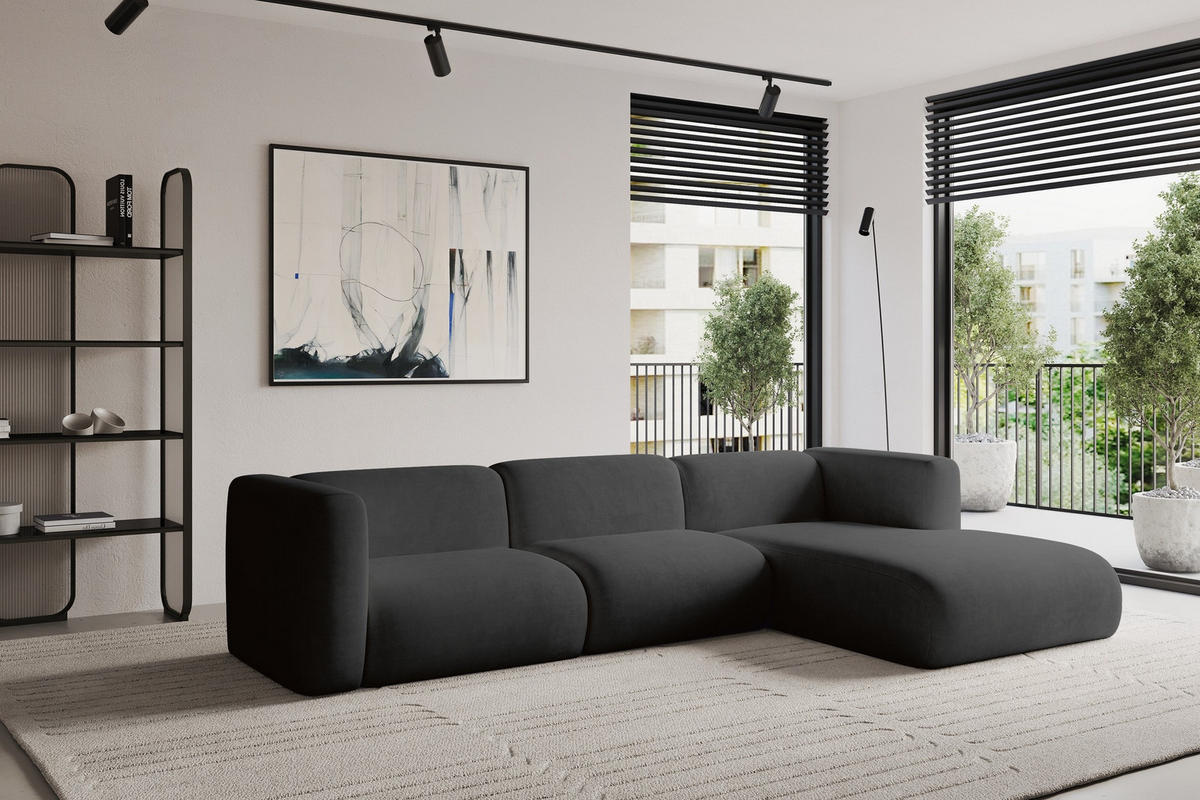 ECKSOFA Ottomane Rechts MIRA-L1 227x179x89 Schwarz Velours - Anthrazit/Schwarz, Holzwerkstoff/Kunststoff (227/179cm) - ALTDECOR