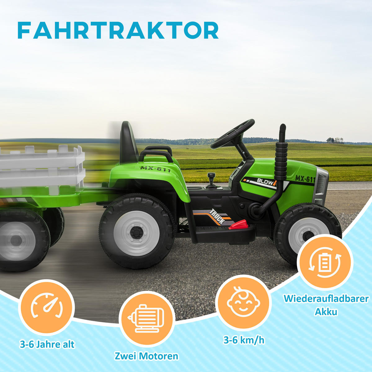 ELEKTRISCHER Traktor Kinder Aufsitztraktor mit MP3 Funktion, 3-6KM/H, Grün - Grün, Metall (136.5/50/52.5cm) - HOMCOM