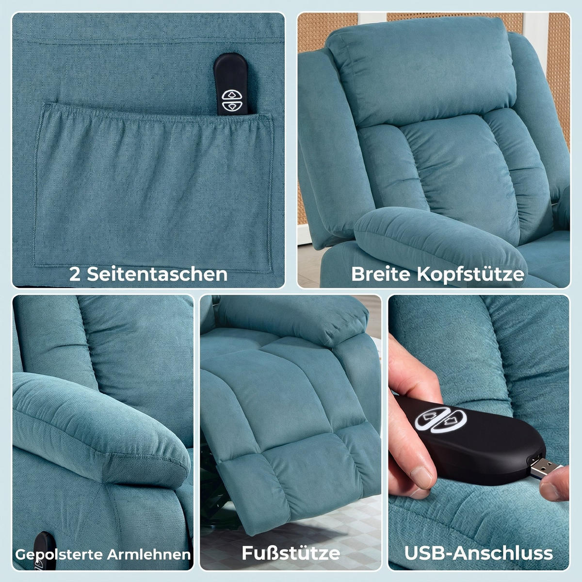 RECLINERFÅTÖLJ med uppresningshjälp, polyester och stål, blå - Svart/Blå, Textil/Metall (92/105/94cm) - HOMCOM