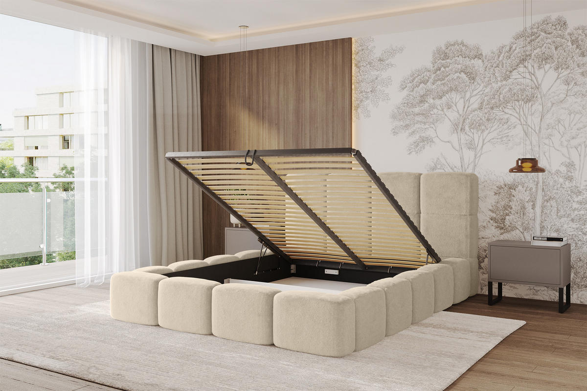POLSTERBETT mit Bettkasten und Lattenrost mit Kopfteil, Boxbett ohne Matratze, mit Stauraum - NATA 160x200 Creme - Creme, Holzwerkstoff/Textil (160/200cm) - ALTDECOR